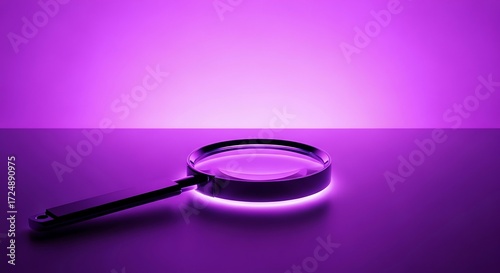 Luminous magnifier on a vibrant purple surface highlighting concepts of exploration and discovery in a futuristic way