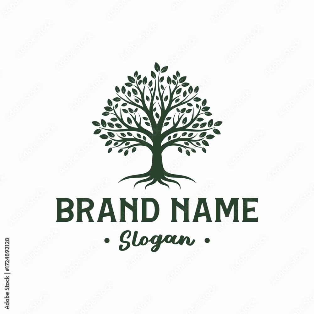 Obraz premium Elegant tree logo design with brand name and slogan, perfect for environmental businesses.