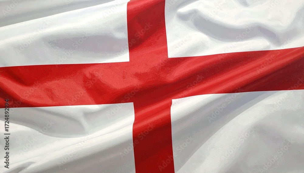 Fototapeta premium The Saint George’s flag—red cross on white field, hanging with gold finials—rests in vertical stillness. A metaphor for enduring heritage and the choreography of identity through sacred simplicity.