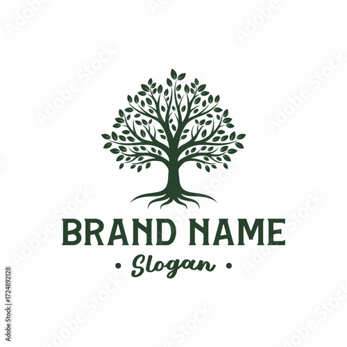 Elegant tree logo design with brand name and slogan, perfect for environmental businesses.