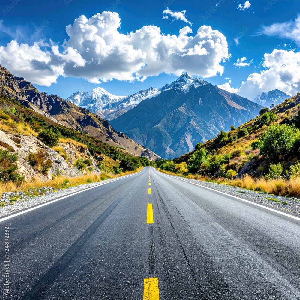 Fototapeta premium A long road stretches through a valley towards snowy mountains under a bright, cloudy sky, offering a stunning perspective view
