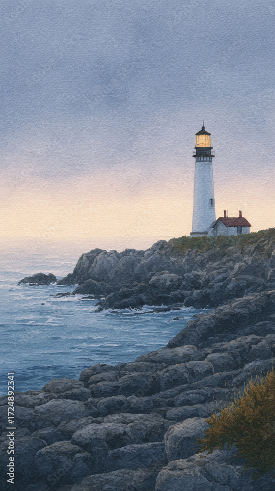 Naklejka premium Breathtaking Lighthouse at Sunset: A Coastal Escape with Scenic Views Over Water and Rocks, Perfect for Nature Lovers and Travelers Seeking Serenity and Inspiration