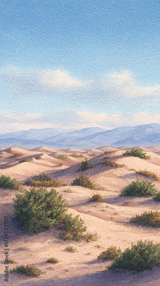 Fototapeta premium Serene Desert Landscape: A Captivating View of Sandy Dunes and Mountainous Backdrop Under a Clear Blue Sky