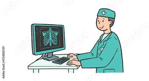 Radiologist in the X-ray room observes the monitor with the rib cage image while smiling 