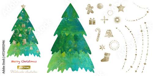 ペイントテクスチャのグリーンのクリスマスツリーと、ゴールドのオーナメントのイラストセット。（ベクター）
