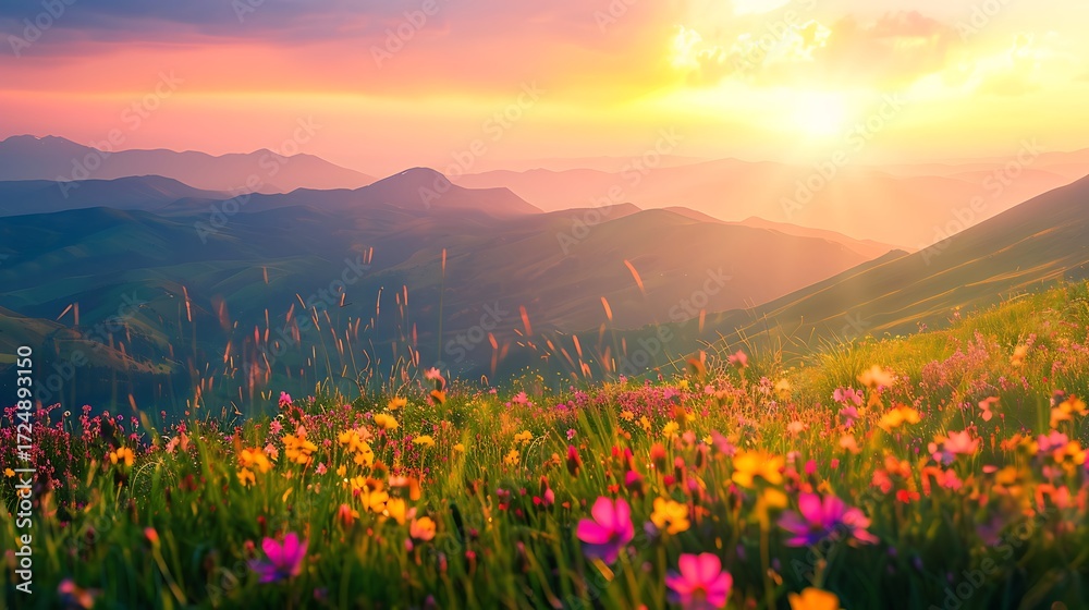 Fototapeta premium A vibrant summer sunset behind rolling green hills, wildflowers glowing under the fading light, dreamy and colorful atmosphere 6