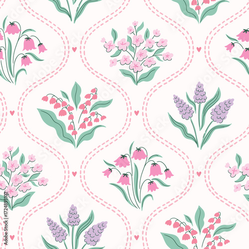 Vector coquette floral trellis seamless pattern.  Preppy  damask floral bouquet isolated on white background for fabric , wallpaper or wrapping paper. Classic botanical elegance print design.