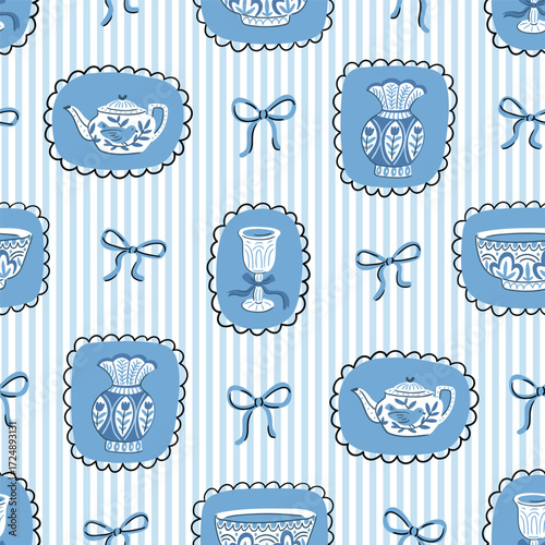 Vector Chinoiserie ceramic seamless pattern. Vintage teapot, vases and bows on blue striped background. Stylish hand-drawn tableware collection. Chinoiserie ceramics coquette seamless print.