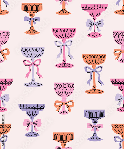 Coquette seamless New Year Eve seamless pattern with champagne and martini glasses with bows. Preppy glass seamless print. 