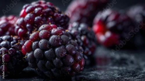 Close-up of ripe blackberries on a dark textured surface.