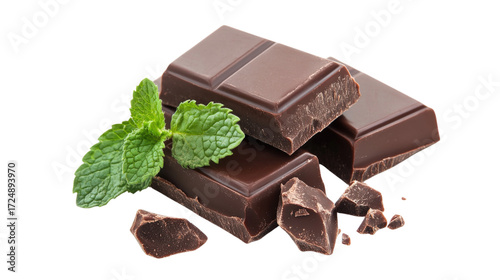 Dark chocolate pieces with mint leaves isolated on a transparent background