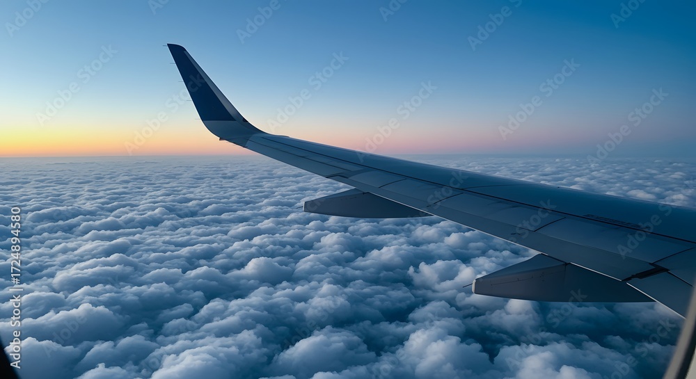 Obraz premium Airplane wing over clouds at sunrise