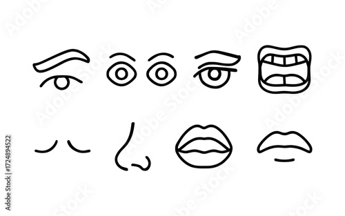 Facial features icons set. Eyes, nose, lips, expressions and emotions. Outline vector illustrations
