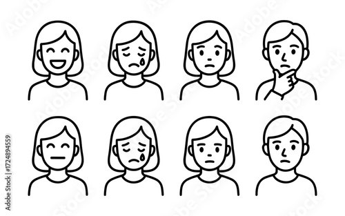 Emotions and facial expressions icons set. Happy, sad, angry, thinking and neutral faces. Outline vector illustrations