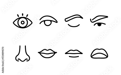 Facial features icons set. Eyes, nose, lips, expressions and emotions. Outline vector illustrations