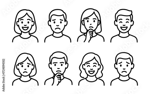 Emotions and facial expressions icons set. Happy, sad, angry, thinking and neutral faces. Outline vector illustrations