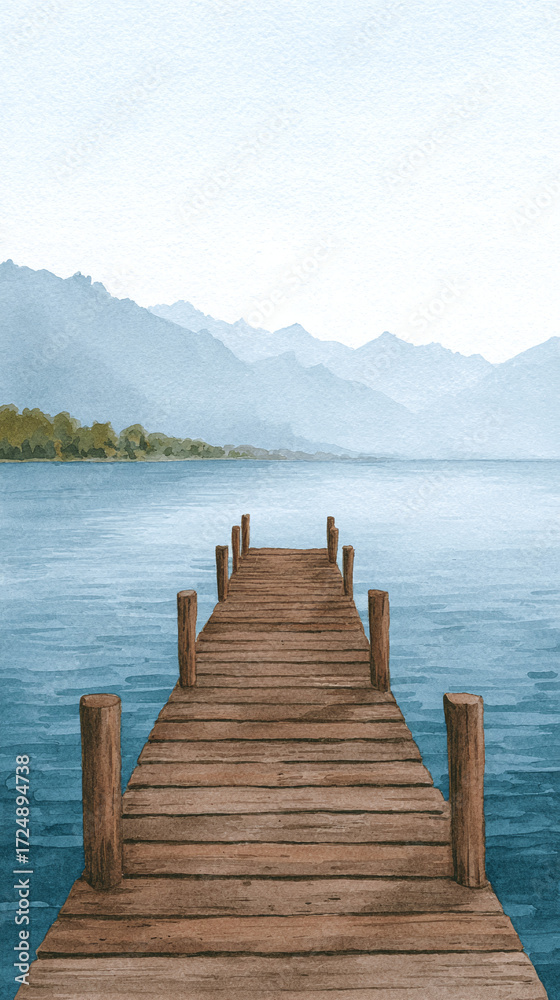 Fototapeta premium Discover the Serenity of a Peaceful Lake Dock Surrounded by Majestic Mountains: A Perfect Landscape for Reflective Moments and Natural Beauty