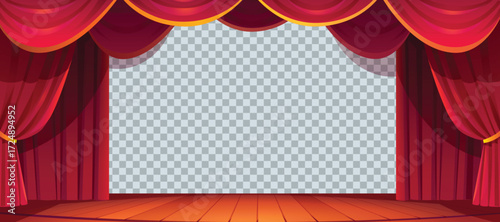 Vector art of red velvet curtains open on a wooden stage with a transparent background
