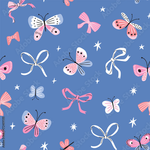 Vector night butterfly seamless pattern. Butterflies, bows and stars on blue background. Coquette fabric design or nursery wallpaper.