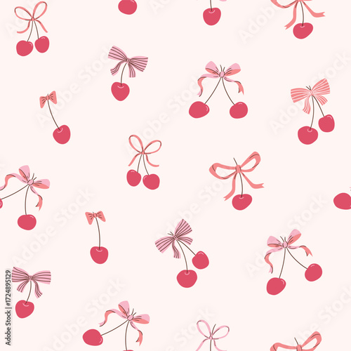 Coquette seamless pattern. Colorful bows and cherries on a light beige background. Trendy preppy fruit print.  Design for wrapping paper, packaging, fabric, textile, home decor and  gifts.