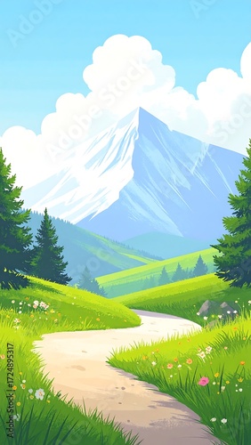 Mountain path, sunny landscape