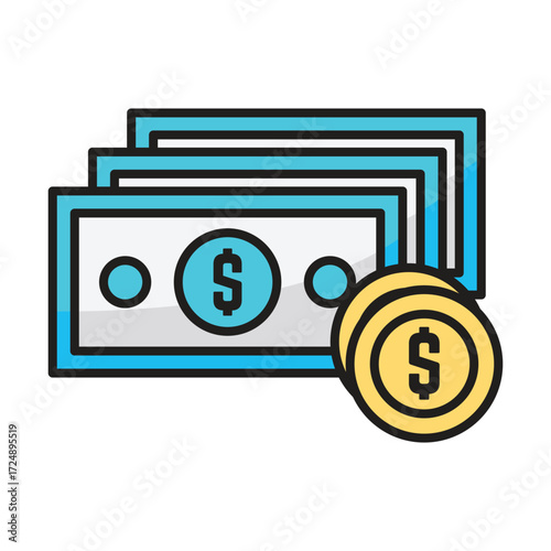 Stack of US dollar bills and coins with dollar symbols
