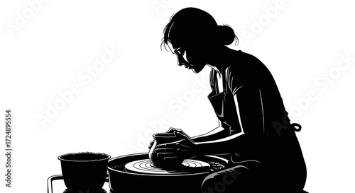 Artisan Vector Silhouette of a Woman Potter Intently Shaping Clay on a Spinning Wheel