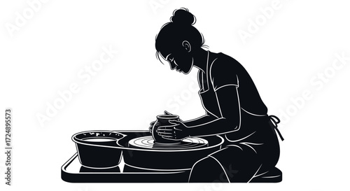 Creative Vector Silhouette of a Female Ceramic Artist Shaping Wet Clay on a Potter's Wheel