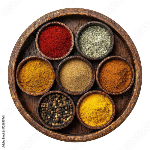 Round wooden tray filled with small bowls of various colorful spices