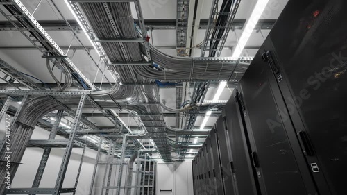 Server room with network cables, technology infrastructure, data center and communication equipment.