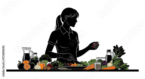 Professional Vector Silhouette of a Woman Dietitian Actively Preparing a Fresh Healthy Meal