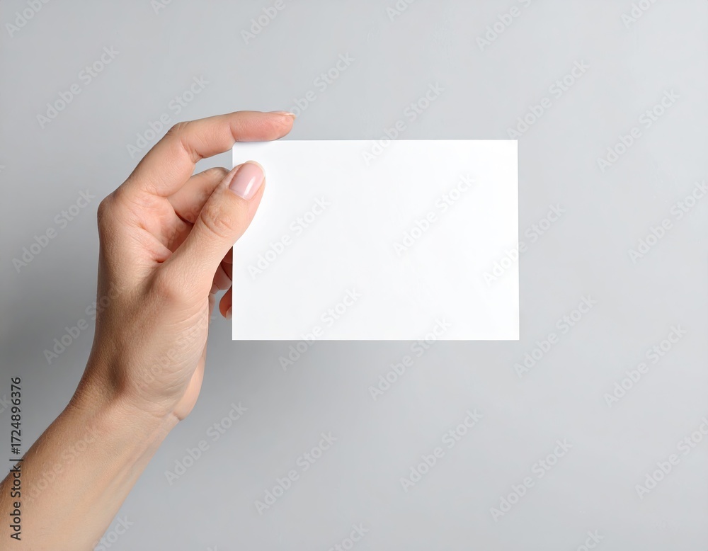 Obraz premium Woman Holding Blank White Card Against Gray Background
