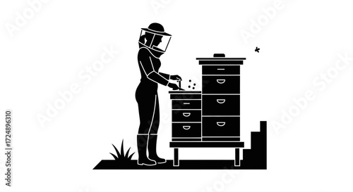 Eco Friendly Vector Silhouette of a Woman Beekeeper Caring for City Apiary Beehives