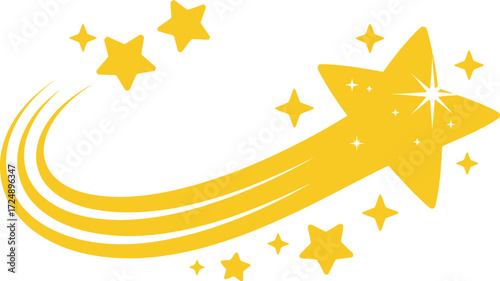 Bright golden shooting star leaving a luminous trail amidst sparkling celestial bodies