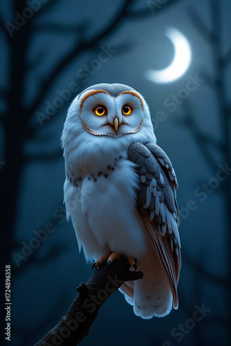 A single Dream Owl perched on a moonlit branch at night - generative ai