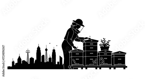 Sustainable Vector Silhouette of a Female Urban Beekeeper Tending to City Rooftop Beehives