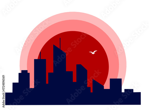A vibrant city silhouette against a fiery sunset. This modern illustration captures the dynamic energy of urban life, symbolizing progress, future, and the beauty of the cityscape at dusk.