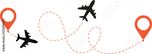 Two airplanes trace dotted flight paths between location pins, symbolizing travel and connection