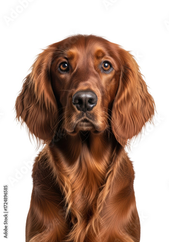 A close-up headshot of an irish setter golden retriever mix dog with glossy reddish-brown fur, intelligent light brown eyes, transparent background, elegant animal companionship