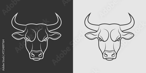 Stylized vector illustration of a bull head in front view. Minimalist black and white line art design with abstract contours and horns
