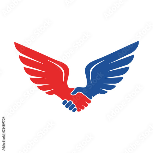 Vector art of red and blue handshake with wings for cooperation