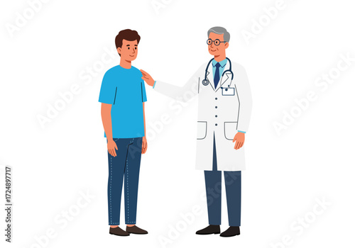 A doctor in a white coat places a comforting hand on the shoulder of a young male patient.