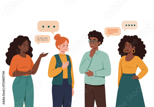 Diverse group of people talking and communicating with speech bubbles, illustration of conversation and connection