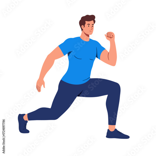 A cartoon illustration of a man performing a lunge exercise, highlighting fitness and healthy lifestyle.