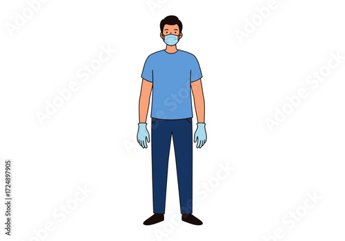 Man wearing a blue shirt, mask, and gloves stands facing forward.