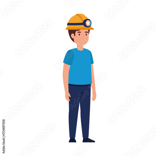 A full-body illustration of a young man wearing a safety helmet with a light.