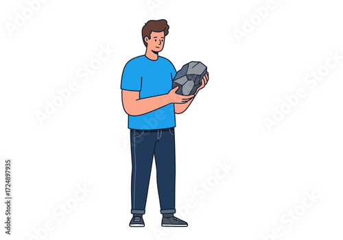 Man in blue shirt holds a gray rock, examining it with interest against a white background.
