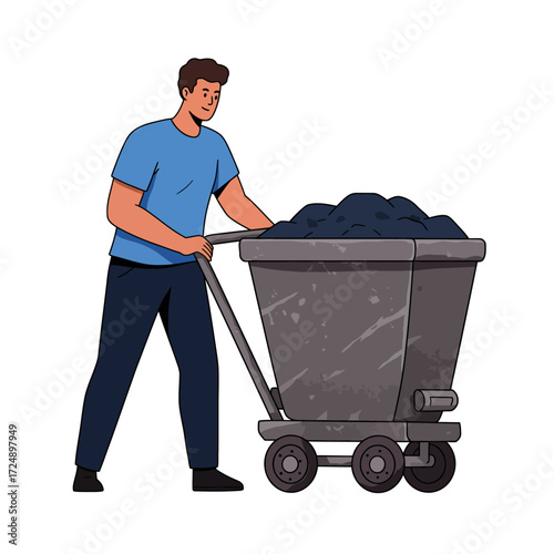 A man pushes a heavy cart filled with coal, illustrating labor in a mining setting.