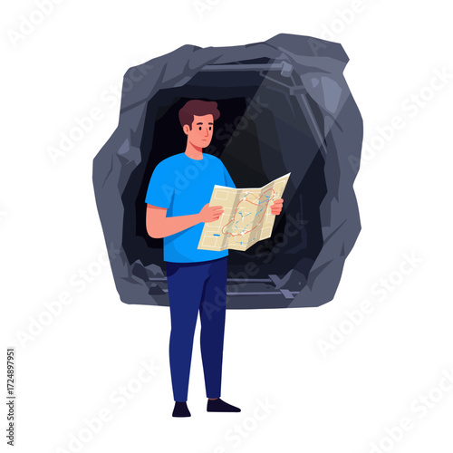 A man stands before a dark cave, studying a detailed map.