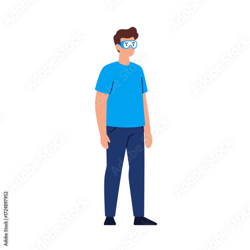 A man wearing blue shirt, dark pants and safety goggles stands on a white background.